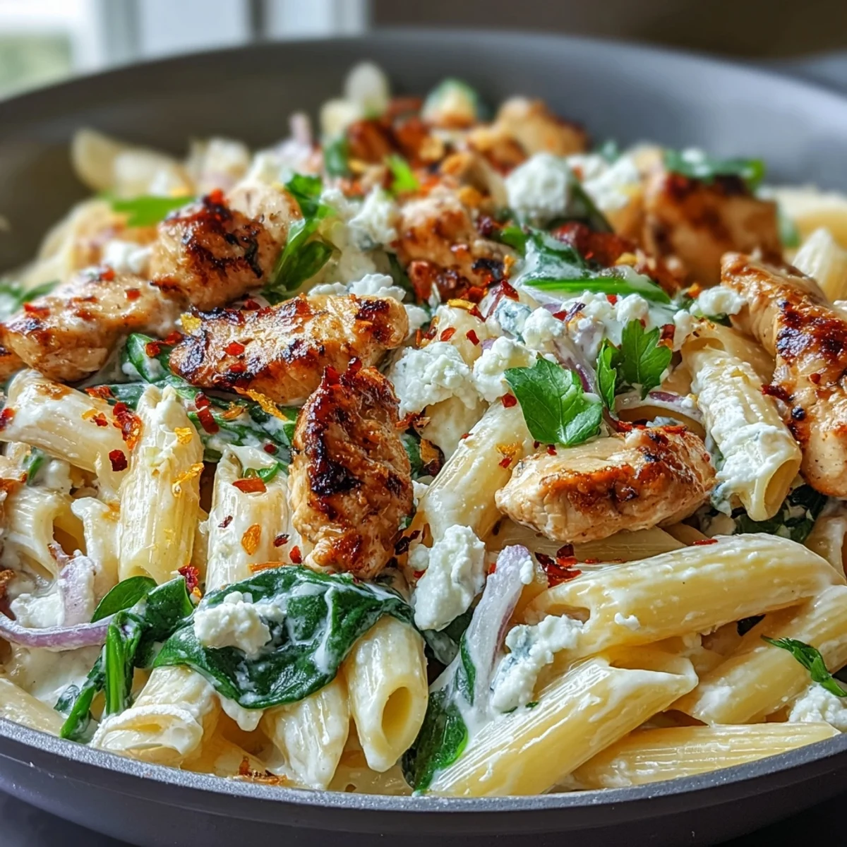 Freshly cooked Greek Chicken Feta Pasta Skillet steaming with creamy yogurt sauce and bright lemon zest.
