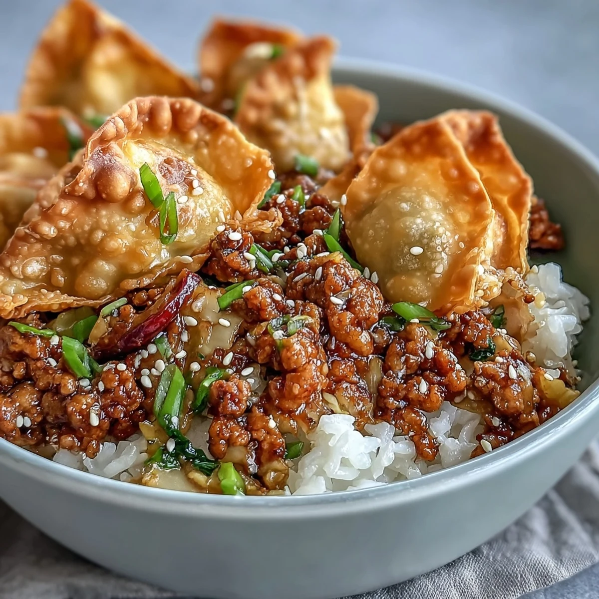 A steaming bowl of Crispy Baked Egg Roll Chicken Bowls with sautéed vegetables, perfect for a quick weeknight dinner.