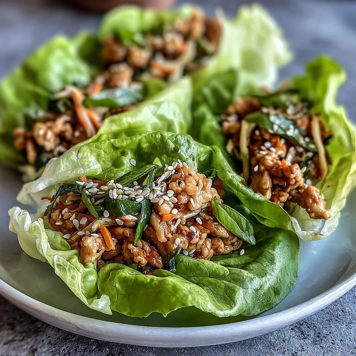 Freshly filled butter lettuce cups stuffed with savory turkey and rice noodles, garnished with sesame seeds and scallions.