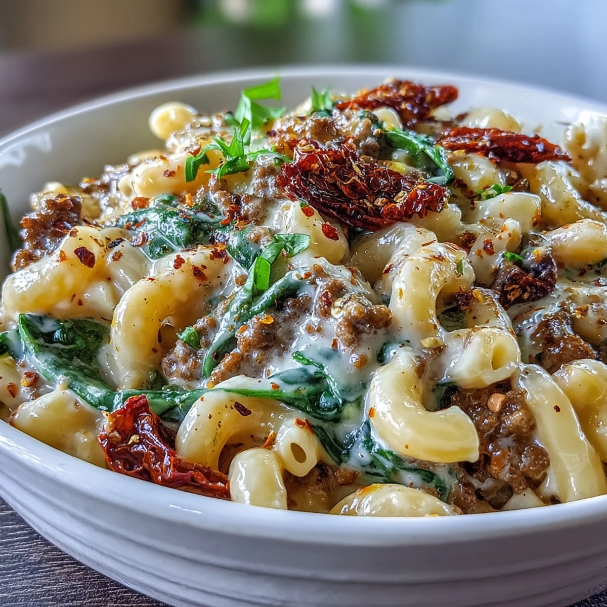 Creamy Tuscan Chili Mac simmering in a Dutch oven with melted Parmesan and wilted spinach.