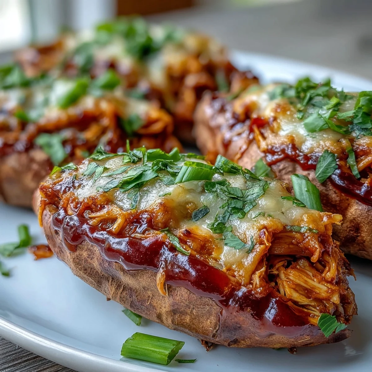 Two stuffed sweet potatoes with smoky honey BBQ chicken and melty cheese rest on a wooden board, garnished with fresh cilantro.