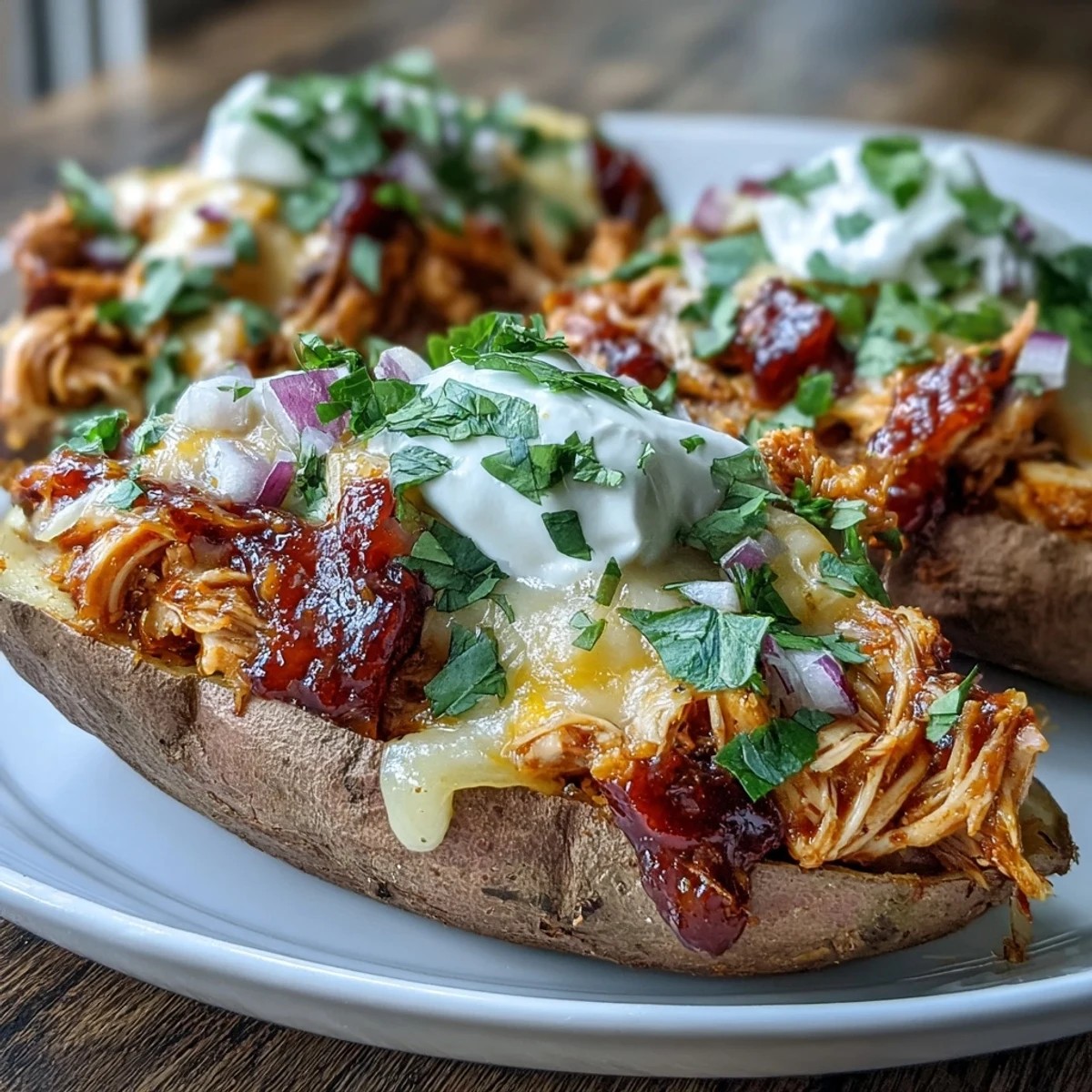 Hearty stuffed sweet potatoes with juicy honey BBQ chicken and cilantro garnish, served hot on a rustic wooden board.