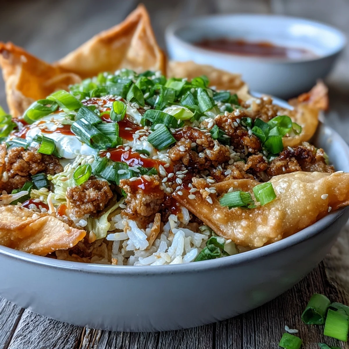 A close-up of Crispy Baked Egg Roll Chicken Bowls featuring sautéed veggies and a drizzle of chili sauce.
