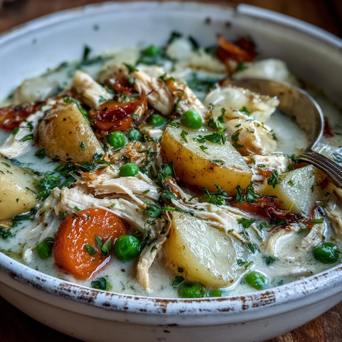Creamy Chicken Pot Pie Soup served with a golden biscuit on a rustic table.