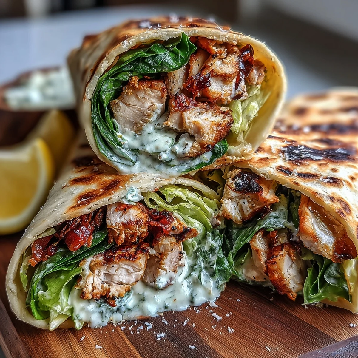 Warm Garlic Naan Grilled Chicken Caesar Wraps presented on a rustic plate, drizzled with dressing and topped with shaved Parmesan cheese.