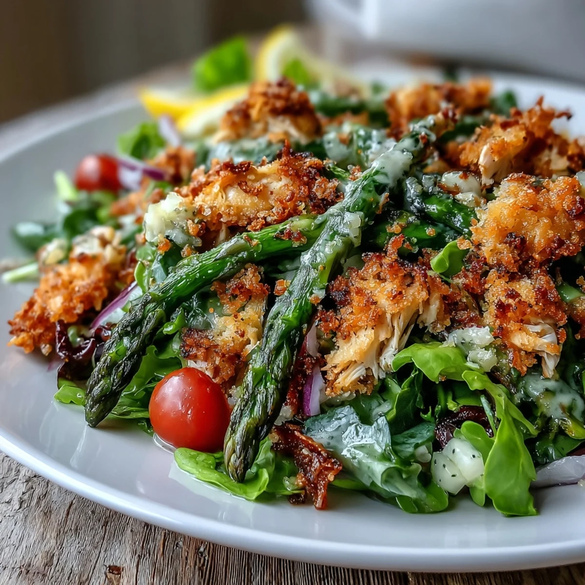Fresh mixed greens topped with warm Crispy Parmesan Asparagus Chicken Salad, including golden breaded asparagus spears, shredded chicken, and cherry tomatoes.