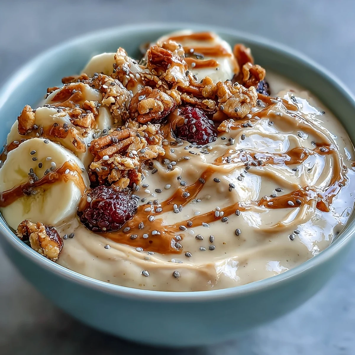 Thick and creamy Vegan Peanut Butter Banana Protein Smoothie Bowl topped with granola, fresh berries, and a peanut butter drizzle.