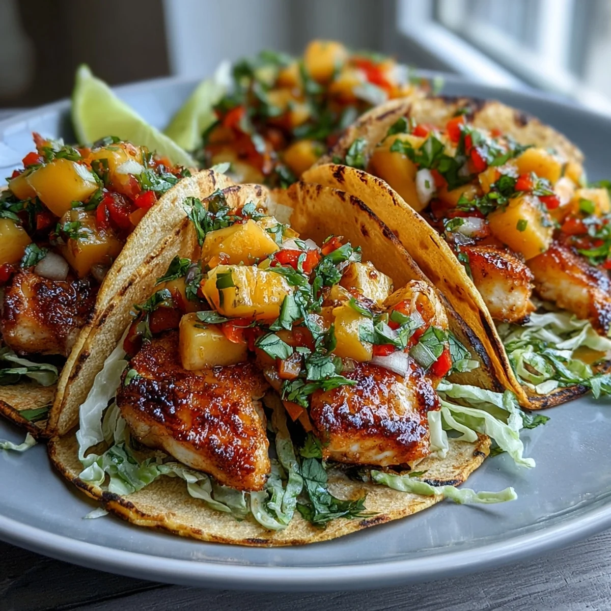 Vibrant mango salsa tilapia tacos in soft corn tortillas, garnished with cilantro and fresh lime wedges.