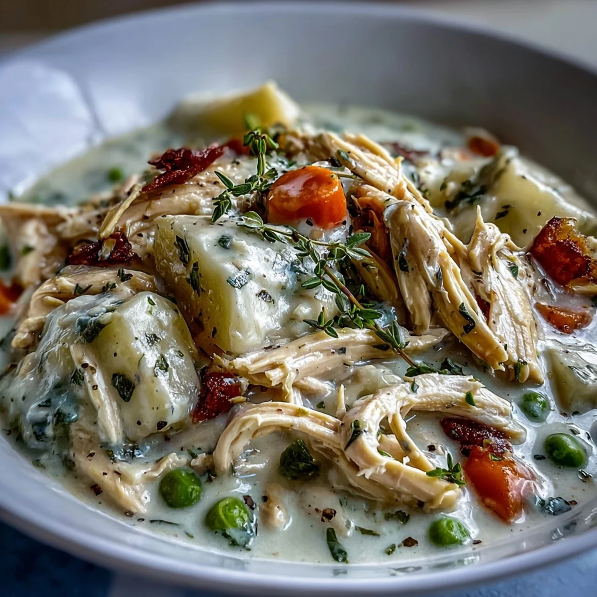 Close-up of Creamy Chicken Pot Pie Soup in a Dutch oven, revealing chunks of Yukon Gold potatoes and herbs in rich broth.