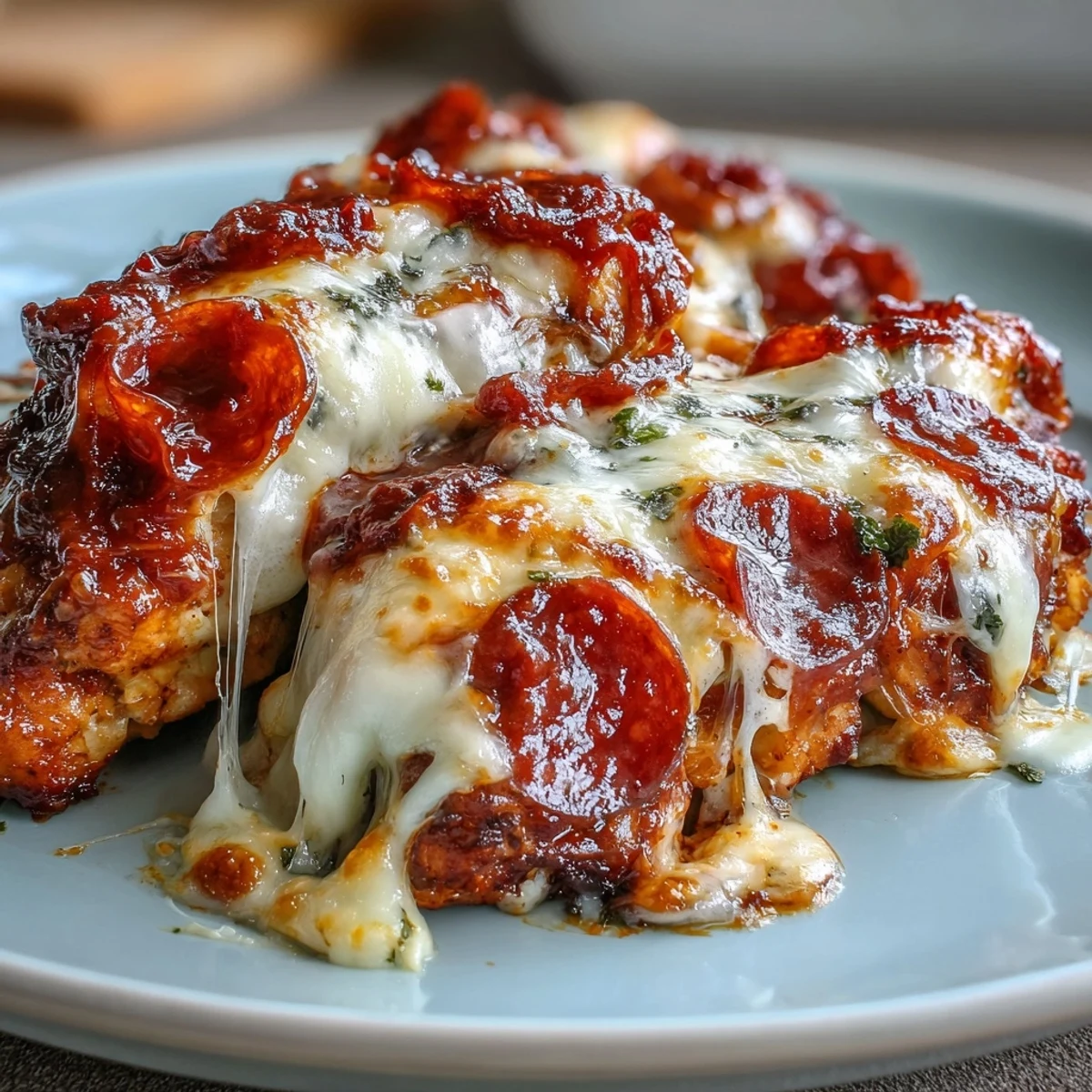 Cheesy Keto Pepperoni Pizza Chicken Bake served hot alongside a crisp green salad for balance.