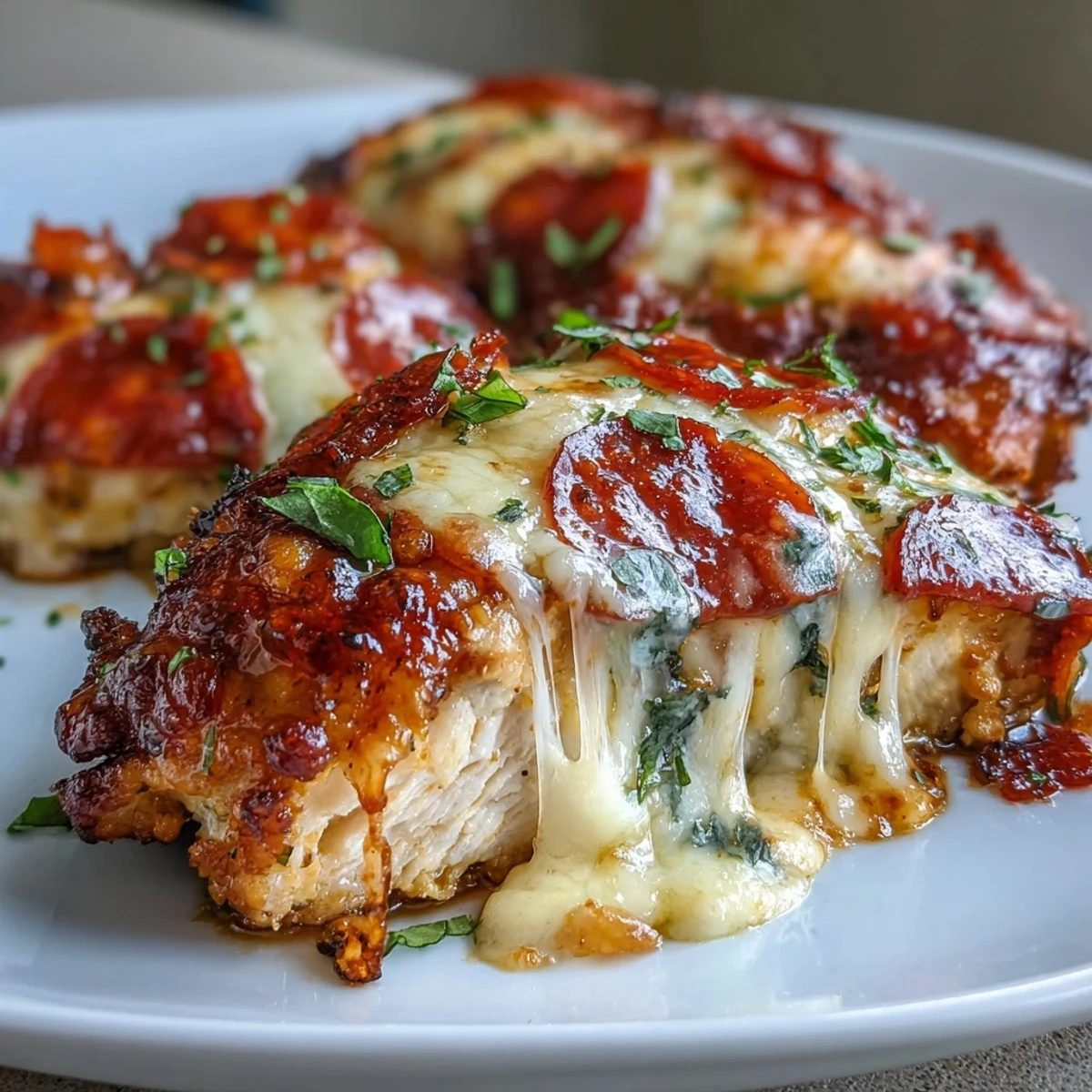 Sizzling Keto Pepperoni Pizza Chicken Bake fresh from the oven, layered with rich marinara and pepperoni.