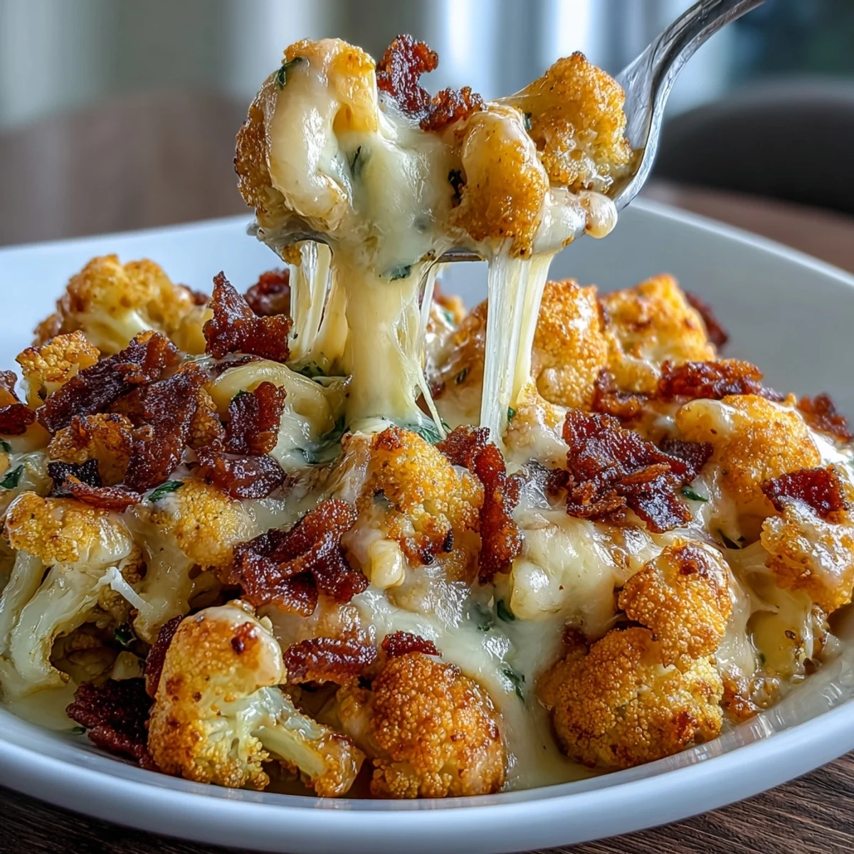 Keto-friendly mac and cheese made with roasted cauliflower, creamy three-cheese sauce, and savory bacon crumbs for ultimate comfort food.