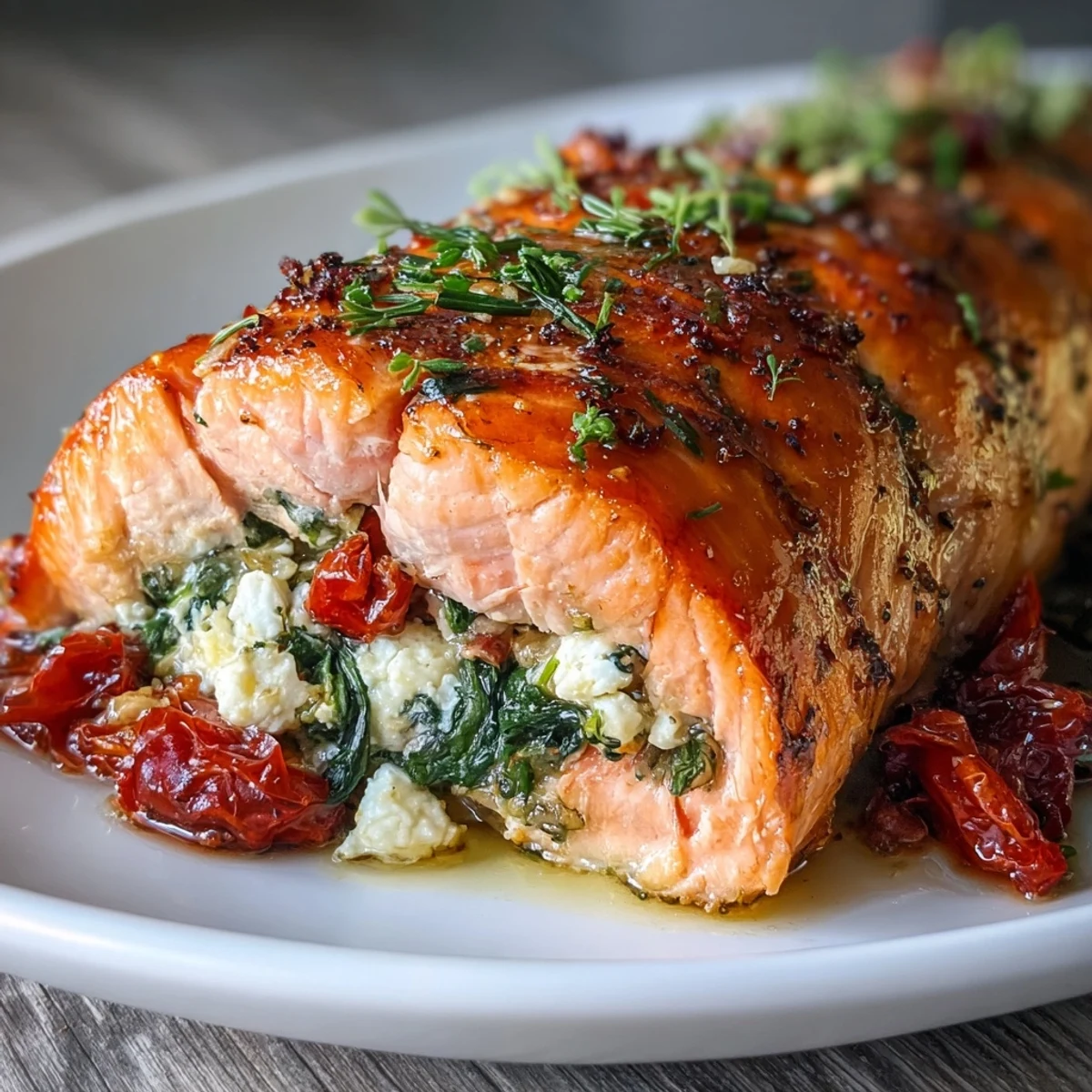 Tender salmon fillets filled with savory spinach, feta, and roasted peppers, baked until flaky and golden.  