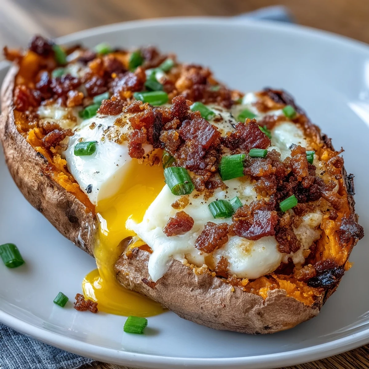 Warm sweet potatoes filled with savory bacon, rich cheddar, and perfectly cooked eggs, garnished with minced scallions for a satisfying morning meal.  