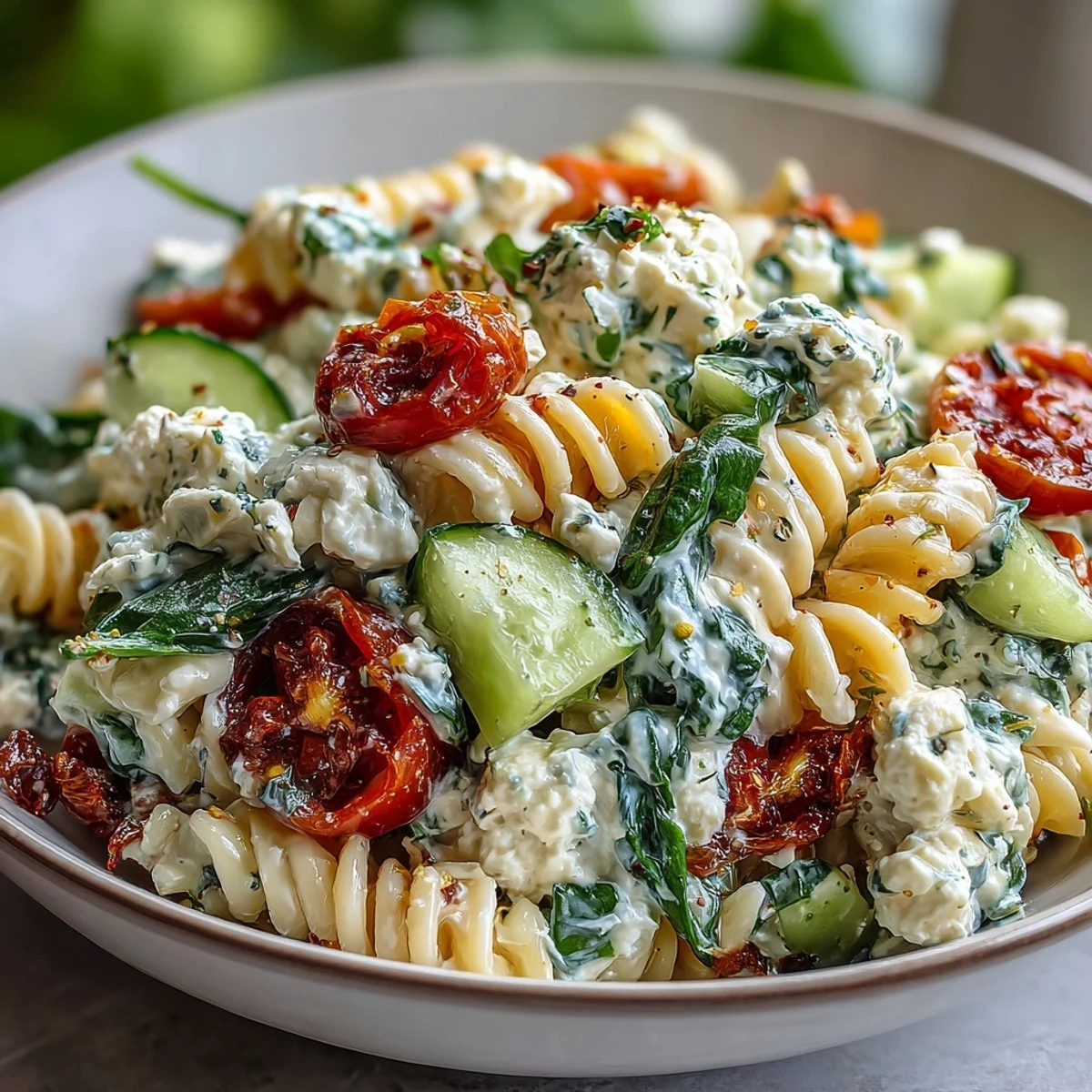 High protein cottage cheese pasta salad with fresh vegetables, creamy cottage cheese, and zesty Italian dressing, perfect for a light summer meal.  