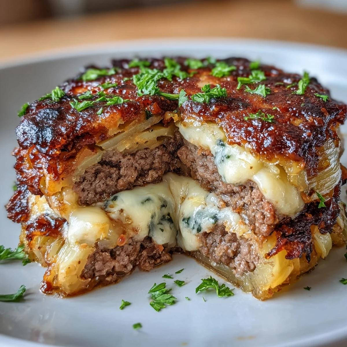 Low-carb Oven-Baked Cabbage Burgers topped with melted cheese and fresh parsley garnish.  