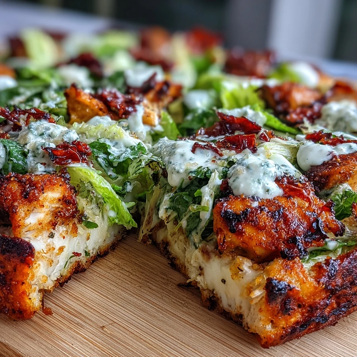 A golden chicken crust topped with crisp romaine, creamy Caesar dressing, and Parmesan for a healthy pizza twist.