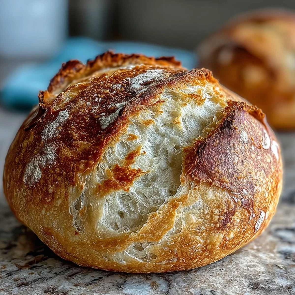 A golden, bubbly sourdough pizza crust topped with fresh mozzarella and basil, baked to crisp perfection on a pizza stone.