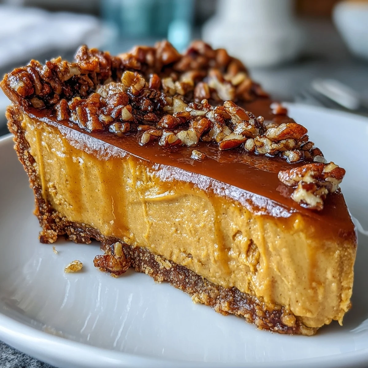 Decadent candied yams pie with pecan crust, golden pecans topping creamy sweet potato filling.