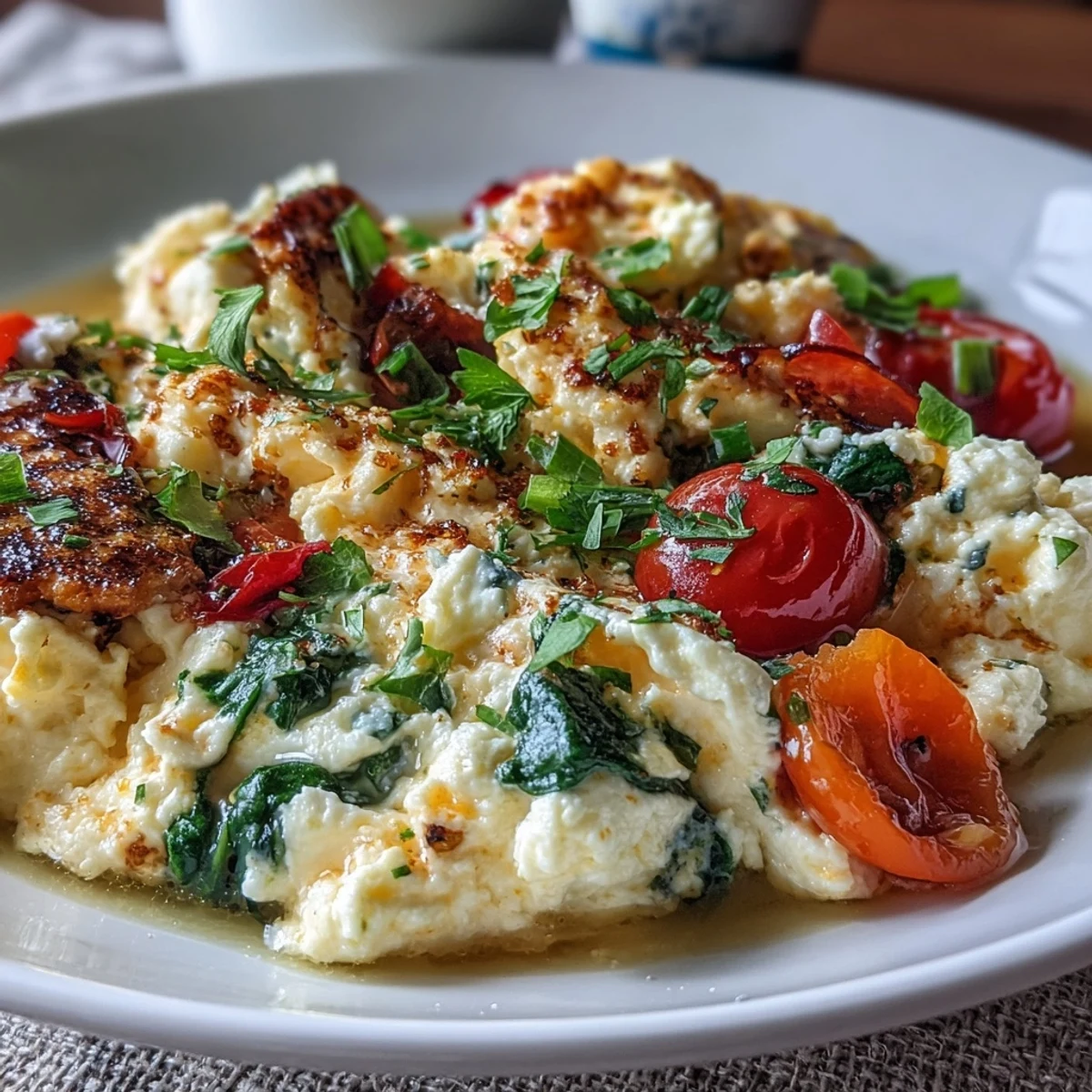 Fluffy scrambled eggs mixed with creamy cottage cheese and sautéed bell peppers, spinach, and tomatoes for a protein-rich breakfast.  
