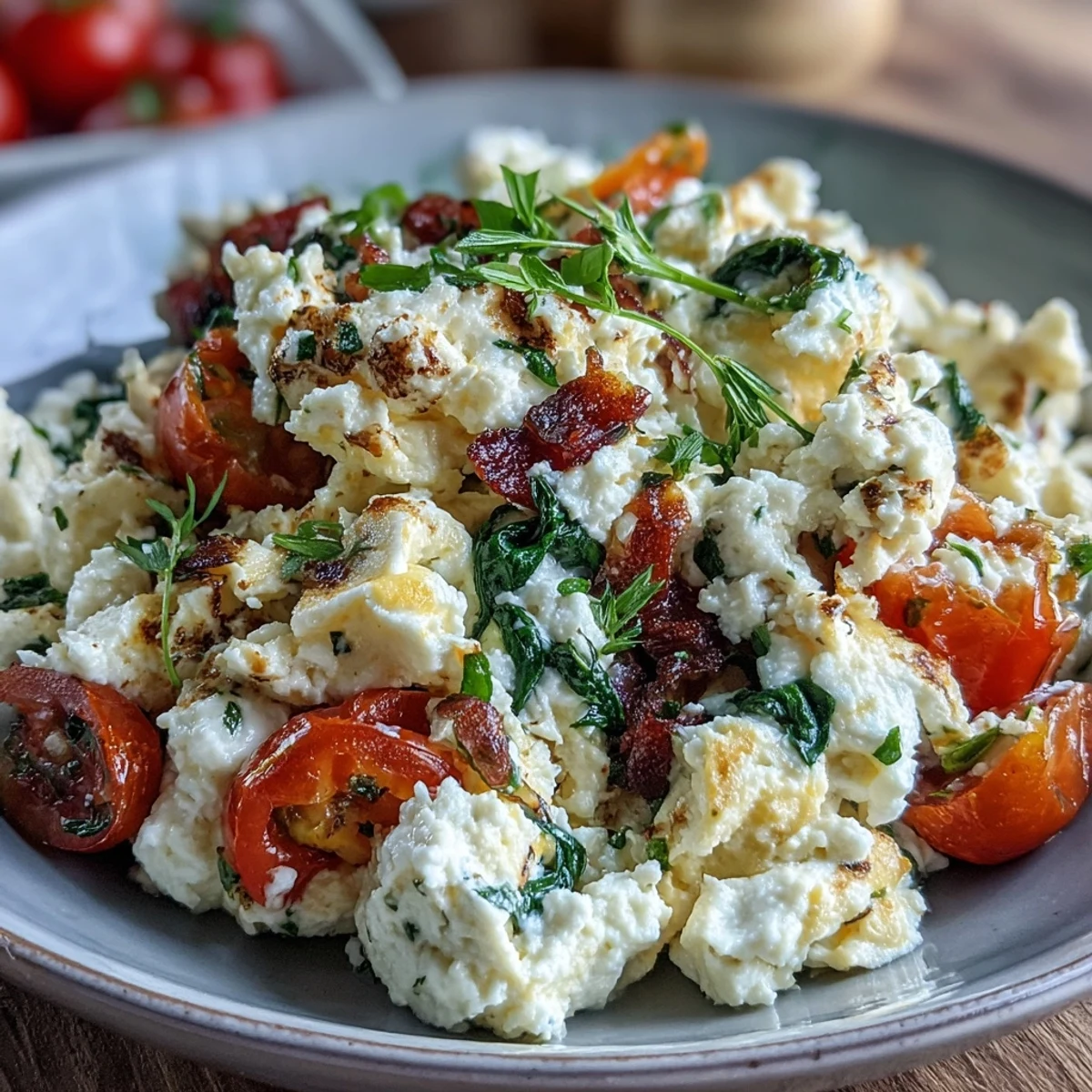 A vibrant, veggie-packed cottage cheese egg scramble featuring tender eggs, colorful vegetables, and a hint of oregano for added flavor.  