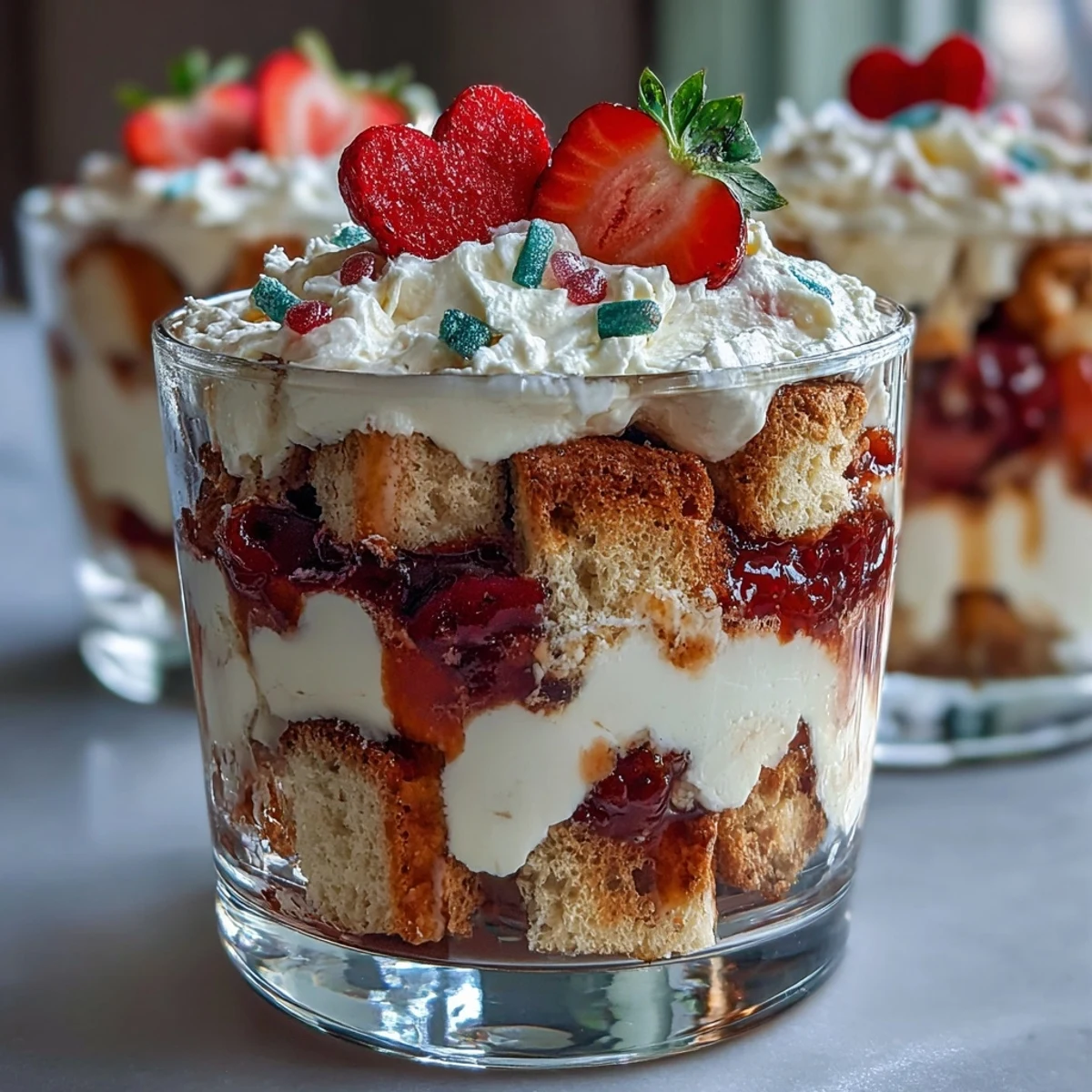 A stunning Galentine's Strawberry Shortcake Trifle with juicy berries, fluffy whipped cream, and golden shortcake cubes in elegant layers.