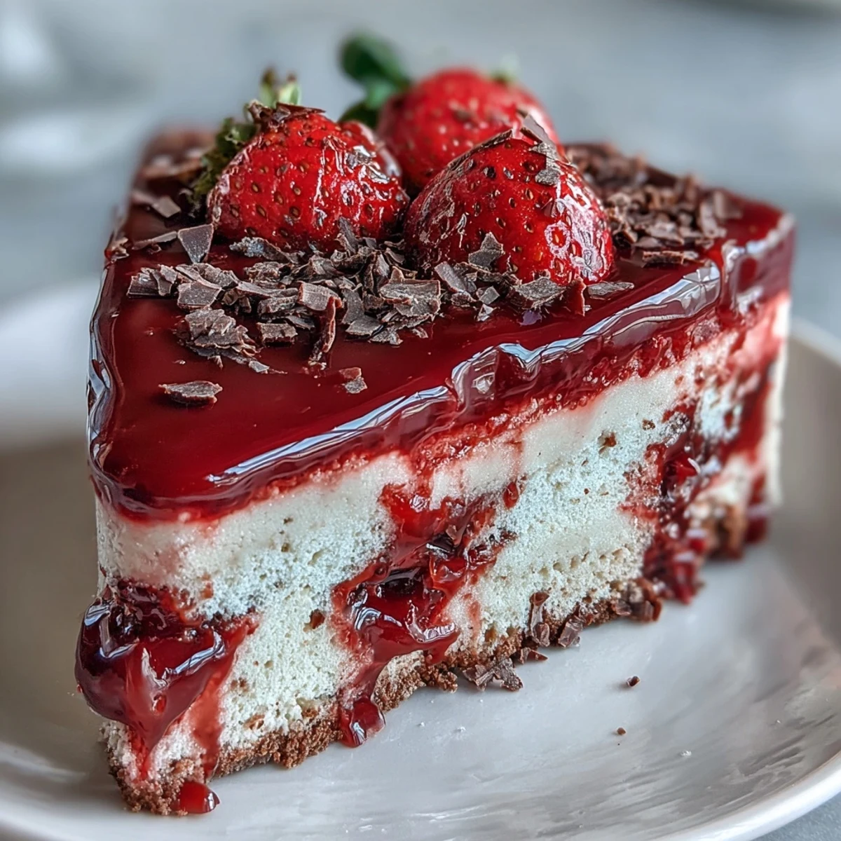 A romantic Valentine's Day strawberry mousse cake with airy sponge and glossy strawberry glaze, perfect for sharing with loved ones.