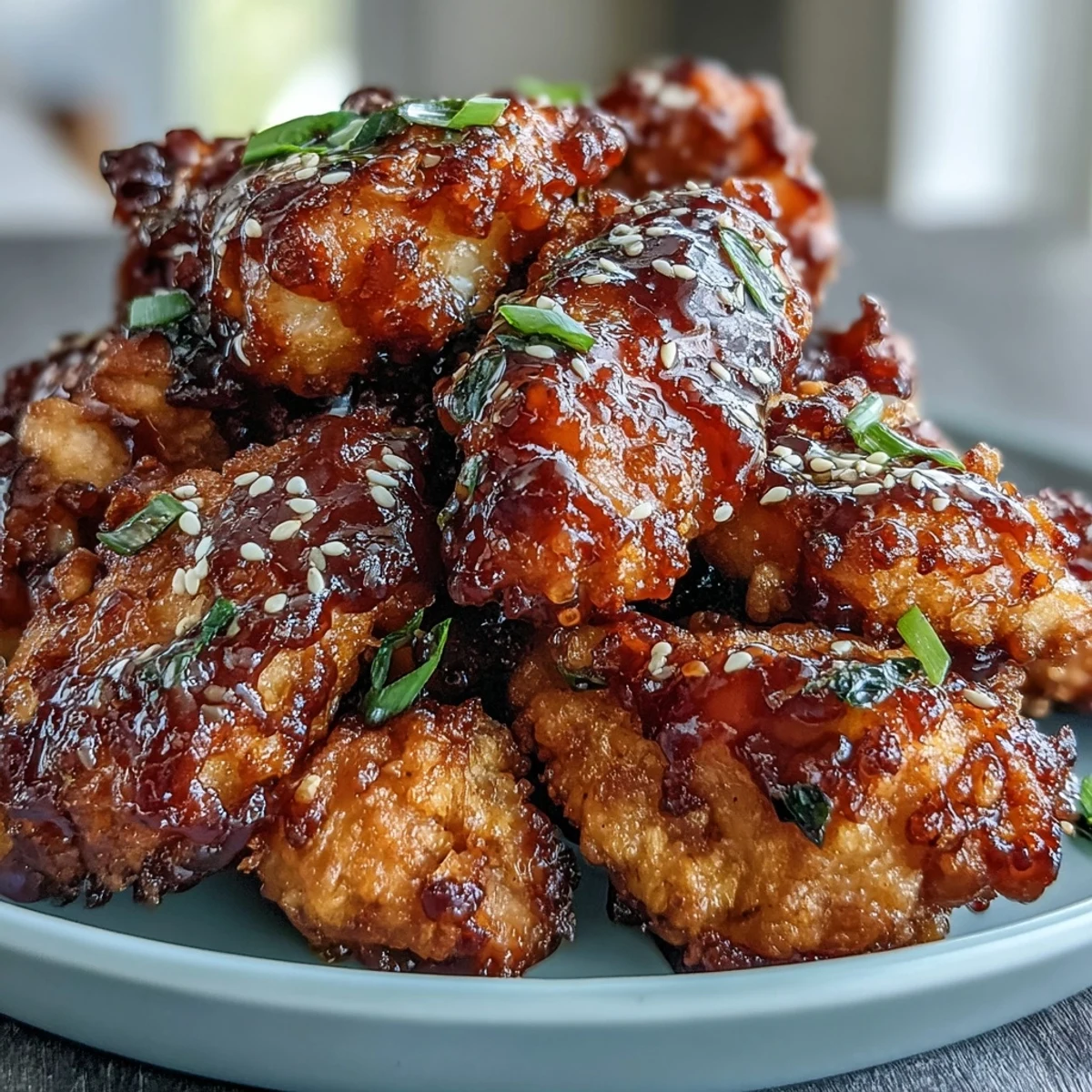 Air Fryer Korean Fried Chicken with Gochujang Glaze, crispy chicken bites glazed in spicy-sweet chili sauce.  