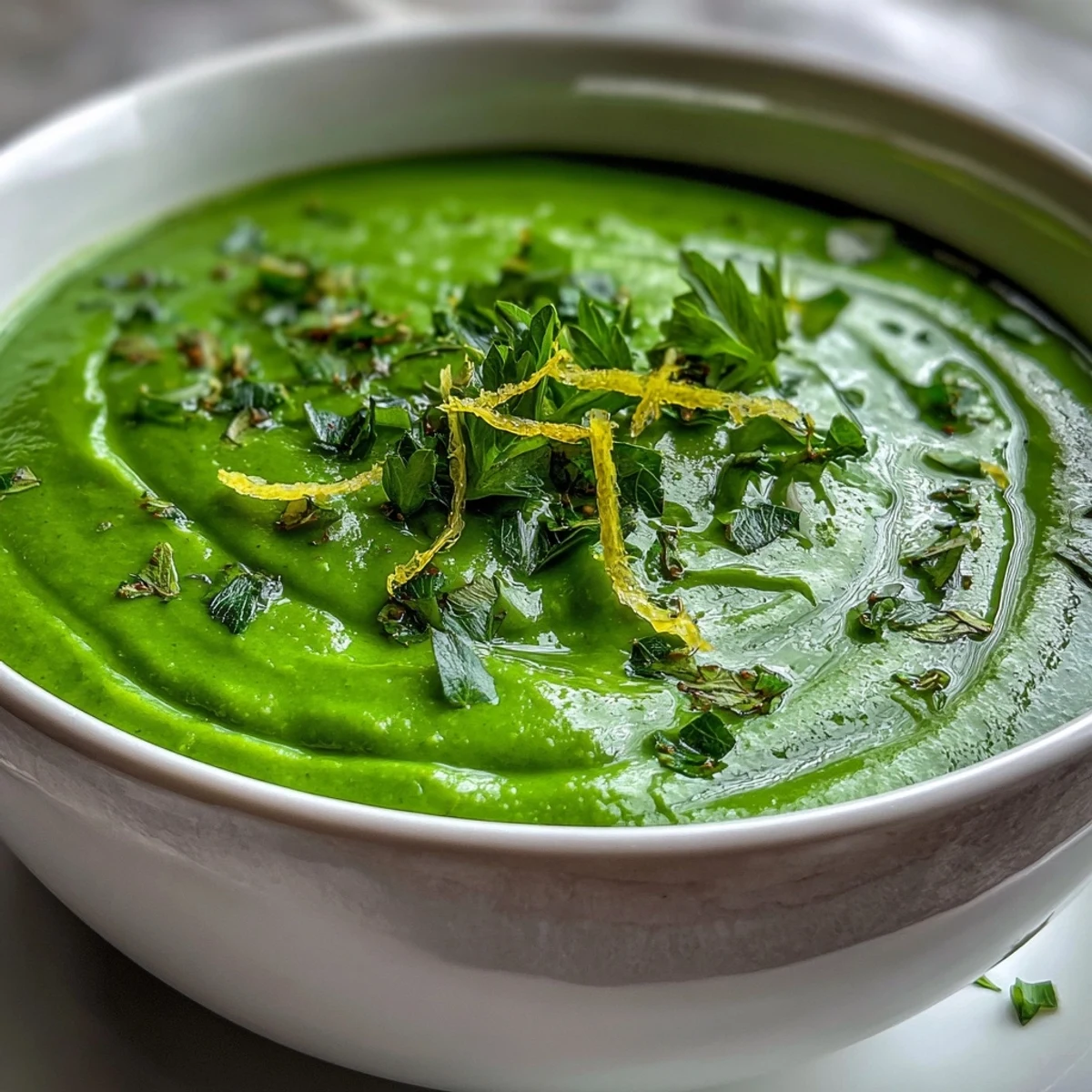Creamy green detox vegetable soup with zucchini and peas, garnished with parsley and a swirl of olive oil.  