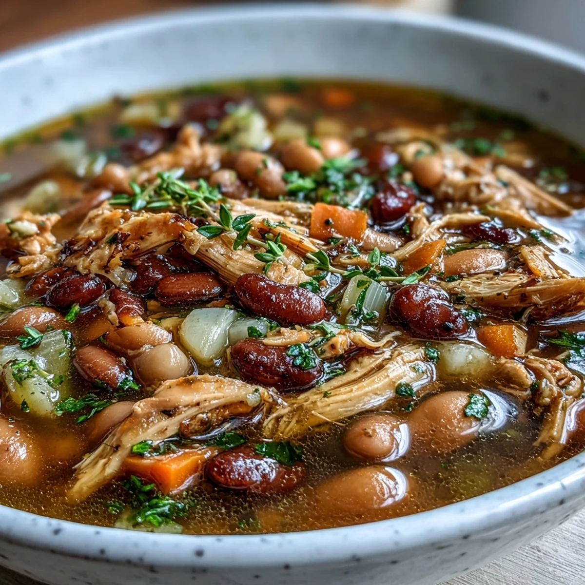 A steaming bowl of 15-bean crockpot soup with tender smoked turkey, vegetables, and rich broth, perfect for cozy dinners.