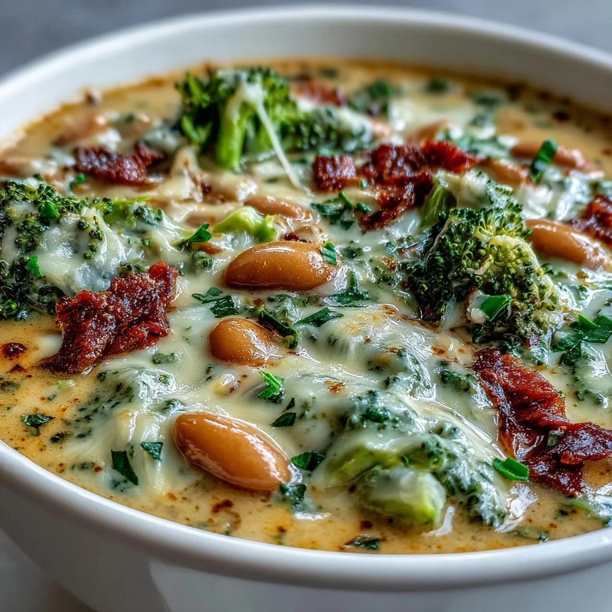 Close-up of creamy broccoli cheddar bean soup in a white bowl, showing its thick and velvety texture.