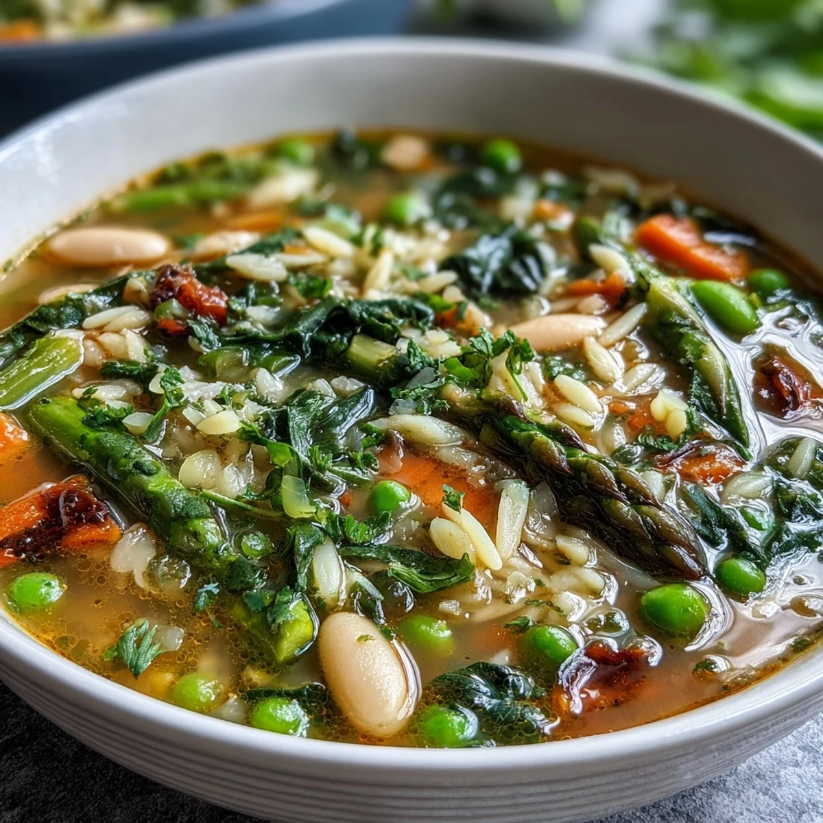 A vibrant bowl of spring minestrone with tender asparagus, white beans, and fresh herbs, perfect for a light and healthy meal.  