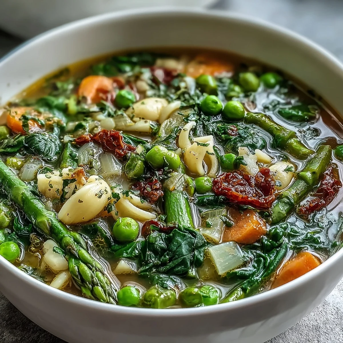 Colorful spring minestrone soup filled with seasonal vegetables, cannellini beans, and a hint of lemon zest for brightness.  