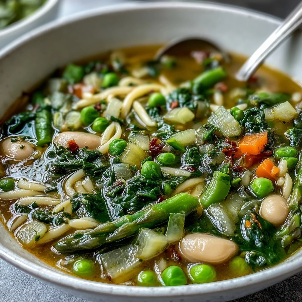Hearty spring minestrone brimming with asparagus, zucchini, and white beans, garnished with parsley and a drizzle of olive oil.