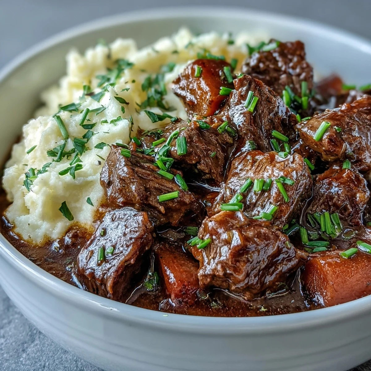 Hearty Irish beef stew with lean meat and peas, ladled generously over a smooth, low-carb cauliflower mash.  
