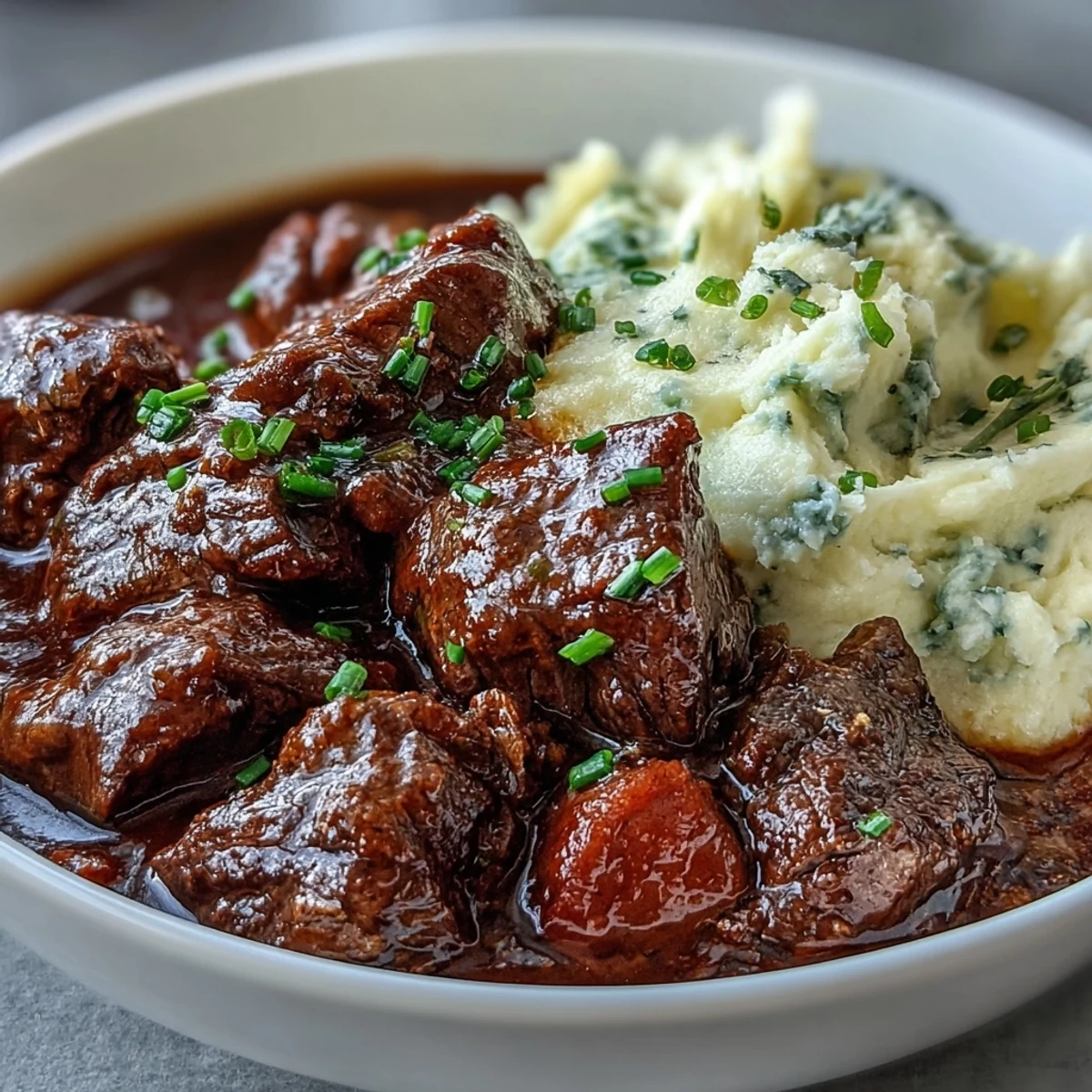Comforting Irish beef stew with carrots and celery, served alongside a fluffy, buttery cauliflower mash for a healthy twist.