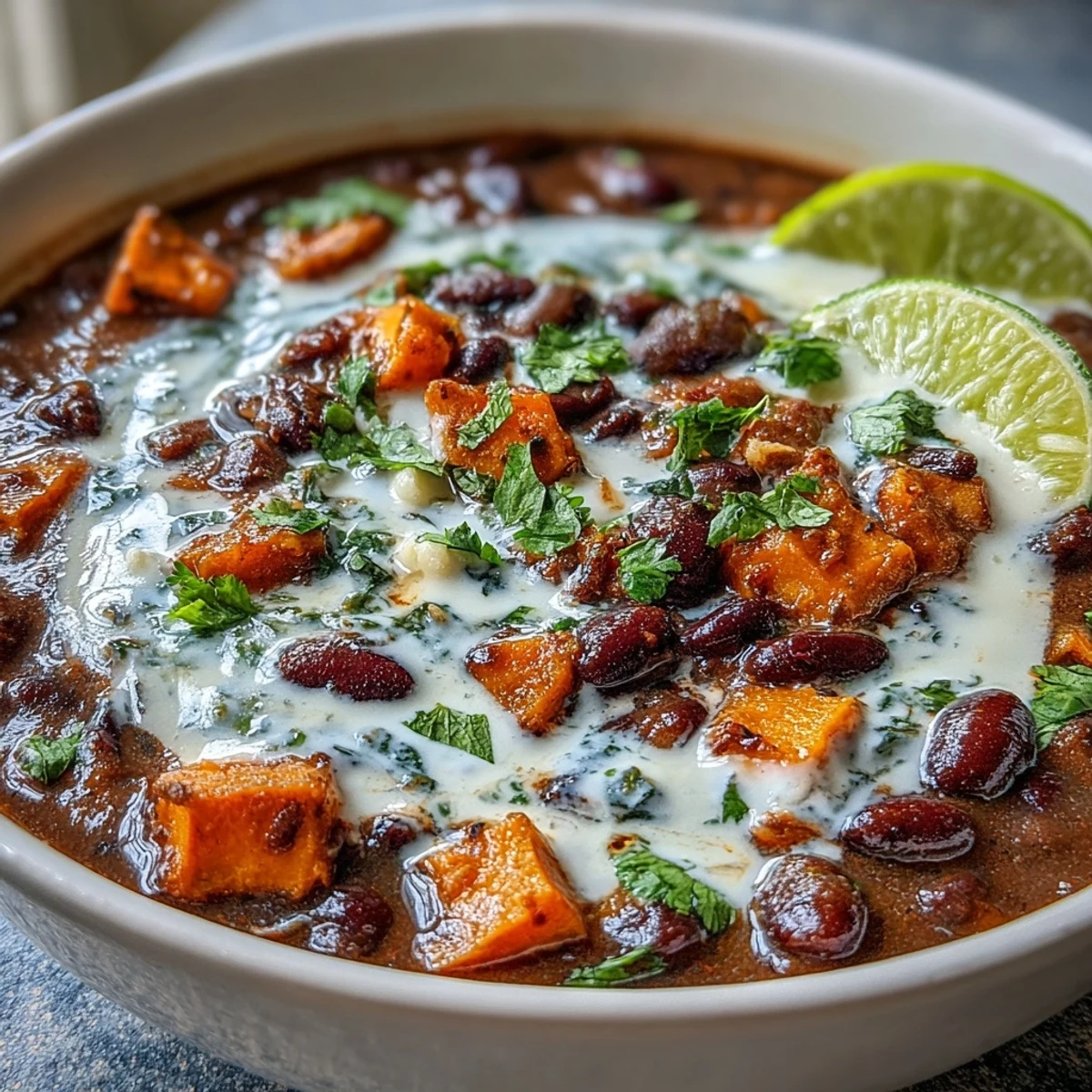 Vibrant Southwestern-inspired soup featuring smoky spices, sweet potatoes, and black beans, topped with tangy lime crema for a fresh finish.