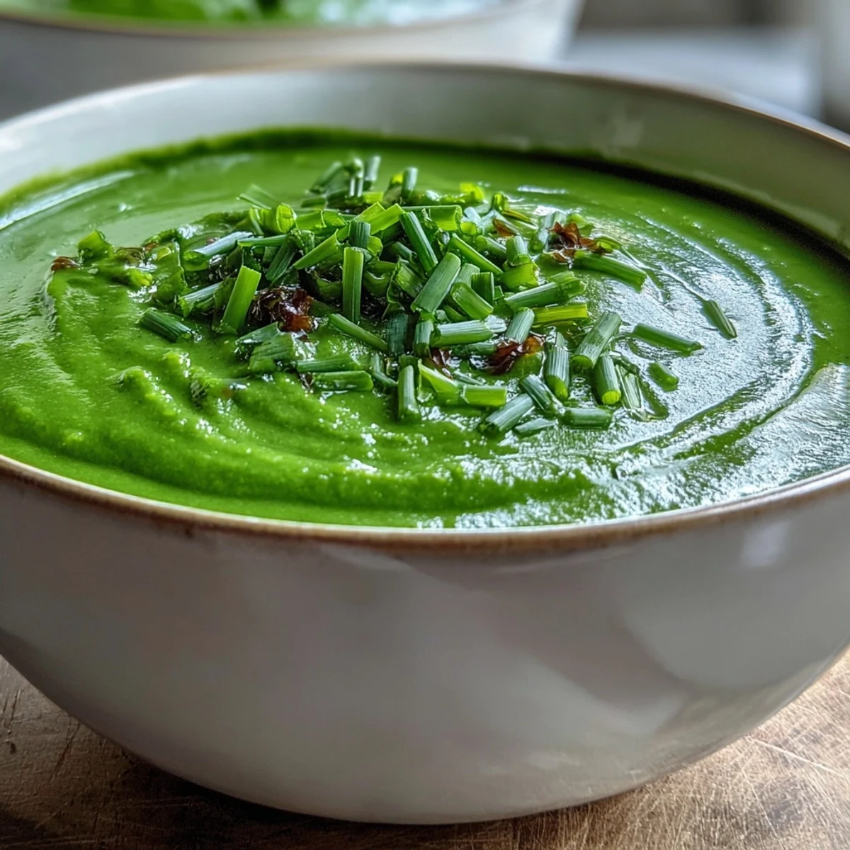 A vibrant bowl of spinach and white bean shamrock soup garnished with fresh chives and a swirl of olive oil.  