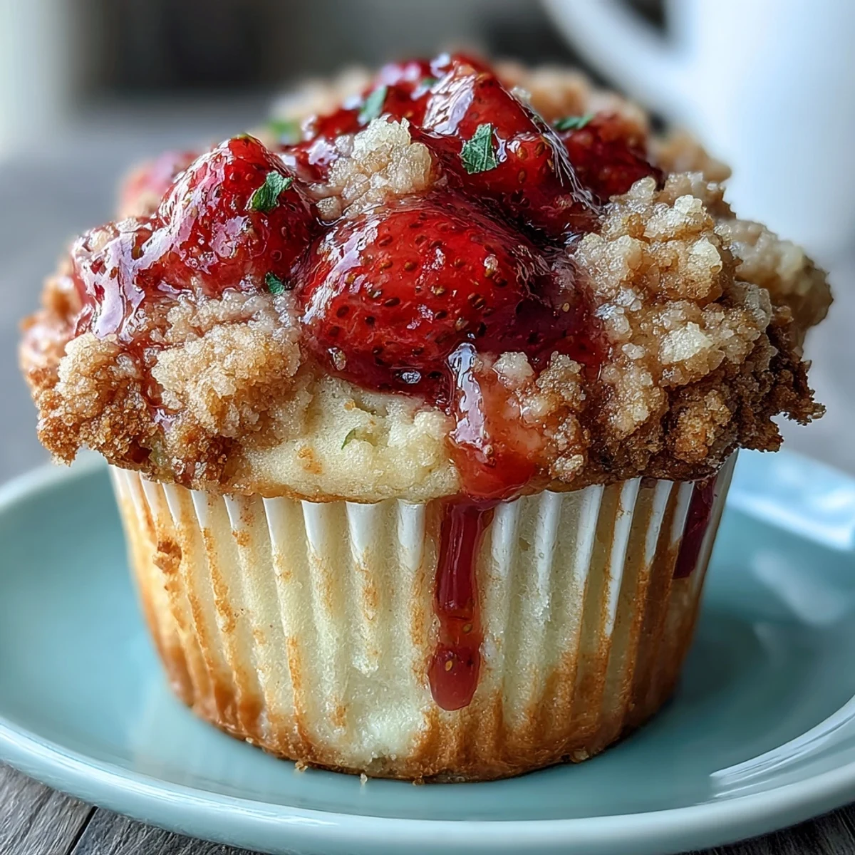 Fresh strawberry muffins with golden crumble topping and bright lemon zest, baked to perfection and ready to enjoy.