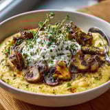 Close-up of creamy polenta with roasted mushrooms; savory, comforting, and perfect for dinner.