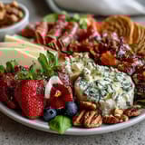 Spring Charcuterie Board with Edible Flowers and Fruits arranged in colorful clusters with cured meats and cheeses.