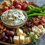 Fresh Spring Charcuterie Board with Radishes, Peas, and Herb Dip: Vibrant seasonal produce paired with savory meats and a zesty yogurt dip, perfect for sharing.  