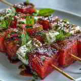 Juicy watermelon and tangy feta cubes on skewers, accented by fresh mint leaves, perfect for light Mediterranean snacking.