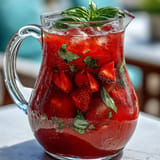 Vibrant Strawberry Basil Lemonade Pitcher, garnished with fresh berries and mint, ready for a party.