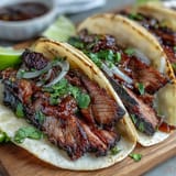 Juicy smoked brisket tacos, a flavor explosion with zesty pickled red onions.