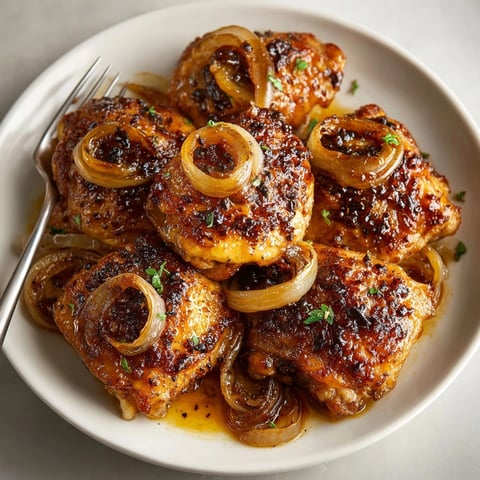 Juicy Maple-Dijon Chicken Thighs recipe, glazed and glistening with caramelized onions on top.
