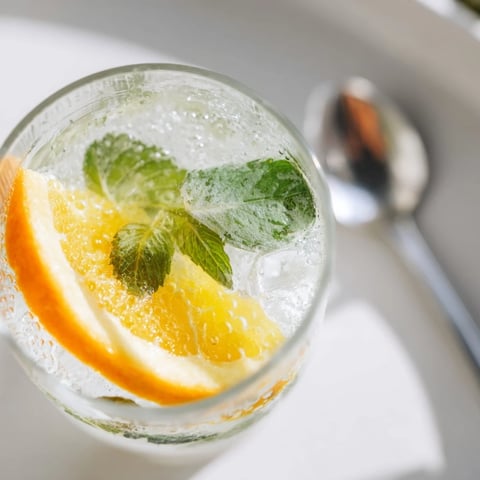 A bright Probiotic Soda Mocktail with citrus slices and fresh mint leaves.  