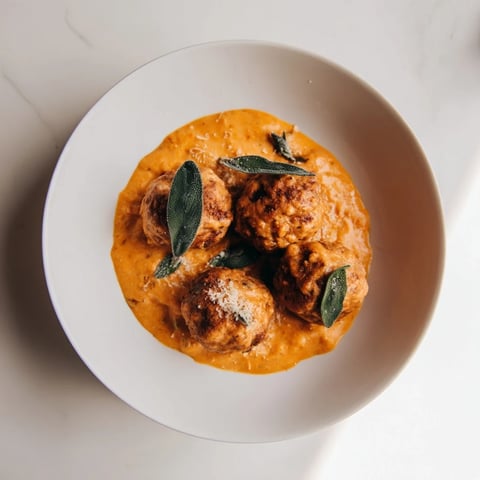 Golden, autumn-hued turkey meatballs swimming in creamy pumpkin sage sauce, ready to serve.