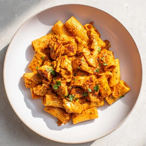 A steaming plate of creamy Chicken Tikka Masala Pasta, rich with tomato sauce and cilantro.