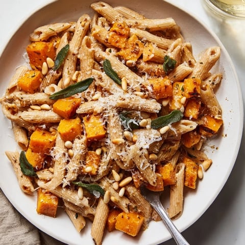 Golden brown butternut squash and sage brown butter pasta, ready to serve with Parmesan.